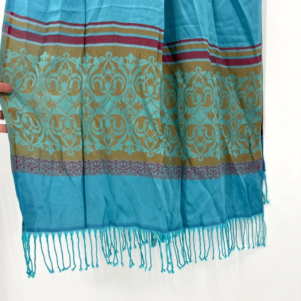 100% Silk Fringed Rectangular Scarf Shawl Blue‎